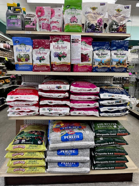 Wide selection of lawn and garden supplies at Chick's Southold Agway, including fertilizers, soil, and gardening tools.