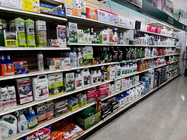 Wide selection of lawn and garden supplies at Chick's Southold Agway, including fertilizers, soil, and gardening tools.