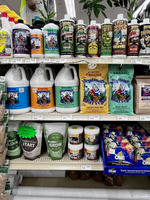 Wide selection of lawn and garden supplies at Chick's Southold Agway, including fertilizers, soil, and gardening tools.