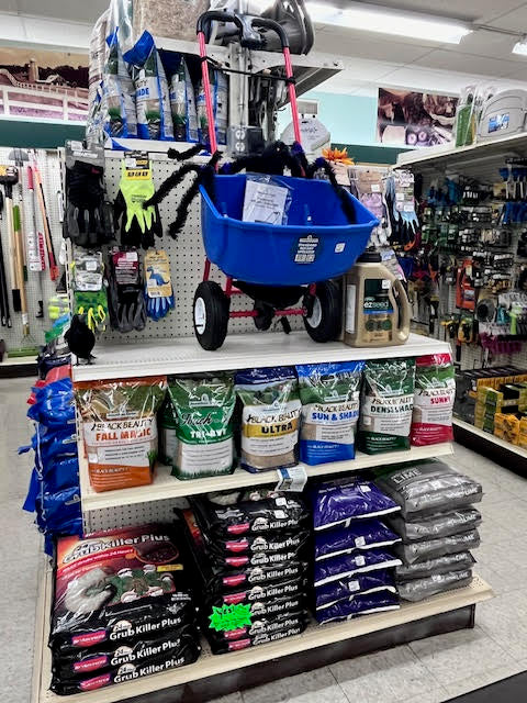 Wide selection of lawn and garden supplies at Chick's Southold Agway, including fertilizers, soil, and gardening tools.