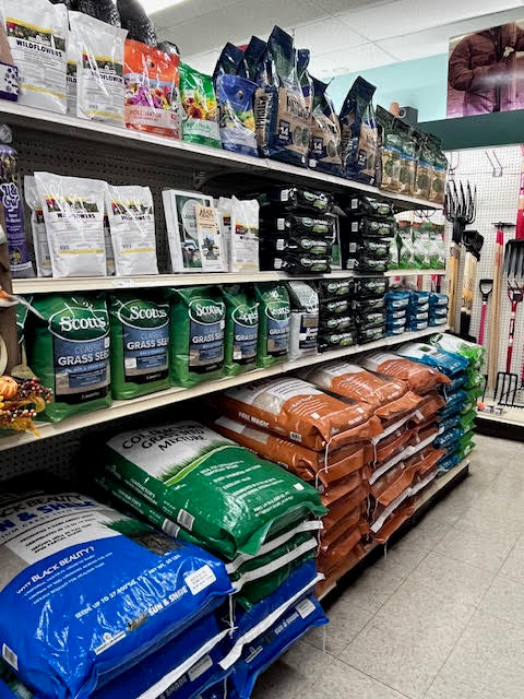 Wide selection of lawn and garden supplies at Chick's Southold Agway, including fertilizers, soil, and gardening tools.