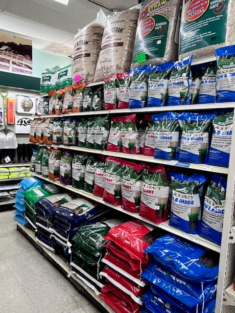 Wide selection of lawn and garden supplies at Chick's Southold Agway, including fertilizers, soil, and gardening tools.