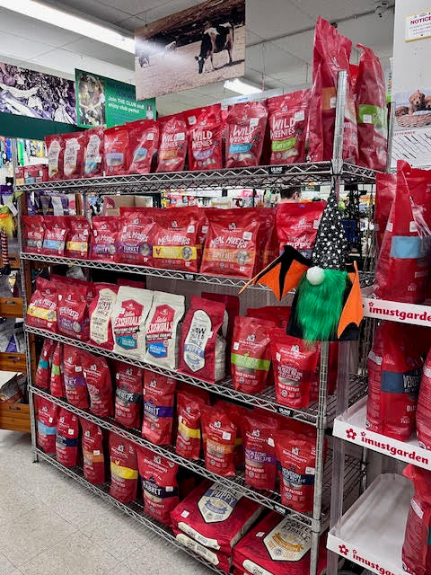 Wide selection of pet supplies at Chick's Southold Agway, including food, treats, and accessories for cats, dogs, and small animals.