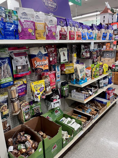 Wide selection of pet supplies at Chick's Southold Agway, including food, treats, and accessories for cats, dogs, and small animals.