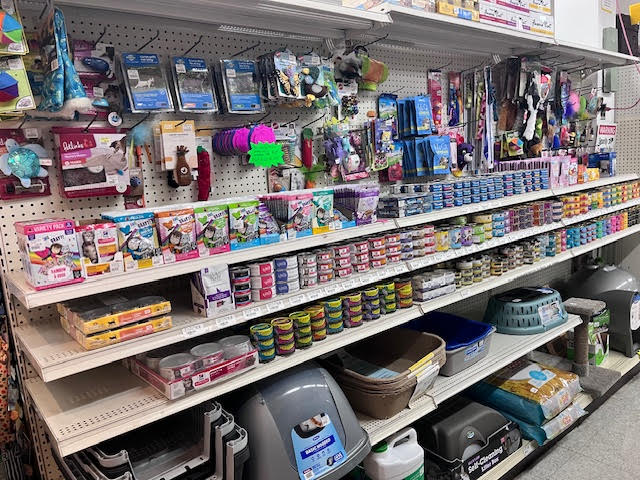 Wide selection of pet supplies at Chick's Southold Agway, including food, treats, and accessories for cats, dogs, and small animals.