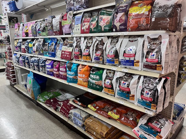 Wide selection of pet supplies at Chick's Southold Agway, including food, treats, and accessories for cats, dogs, and small animals.