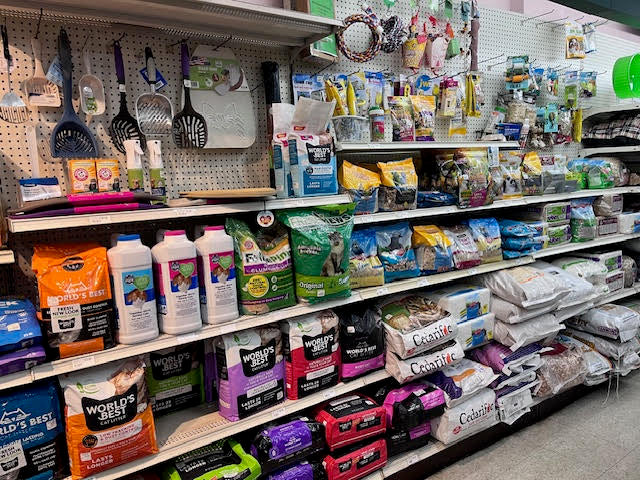 Wide selection of pet supplies at Chick's Southold Agway, including food, treats, and accessories for cats, dogs, and small animals.