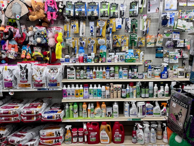 Wide selection of pet supplies at Chick's Southold Agway, including food, treats, and accessories for cats, dogs, and small animals.