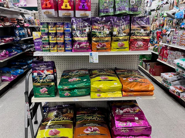 Wide selection of pet supplies at Chick's Southold Agway, including food, treats, and accessories for cats, dogs, and small animals.