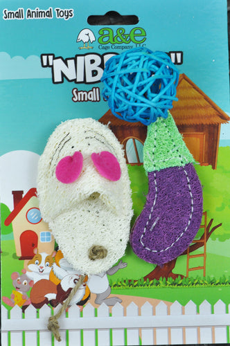 AE Cage Company Nibbles Loofah Assortment (Eggplant, Ball & Mouse) Chew Toys